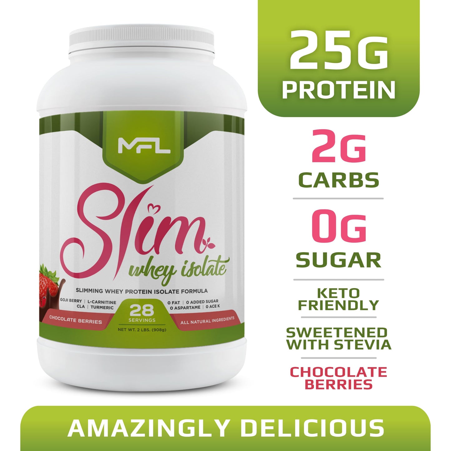 MFL Slim WHEY Protein Powder | 28g Protein | Low Carbs | Slimming Nutritional Shake | Sweetened with Stevia | 2 lbs. (Chocolate Berries)
