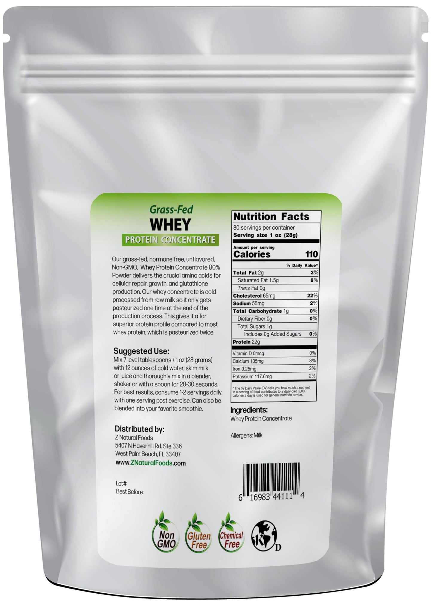 Z Natural Foods Grass-Fed Whey Protein Concentrate - Clean Whey Protein Powder from New Zealand - Cold Processed Pure Whey Protein with Essential Amino Acids for Nutrition & Fitness, Unflavored, 5 lbs