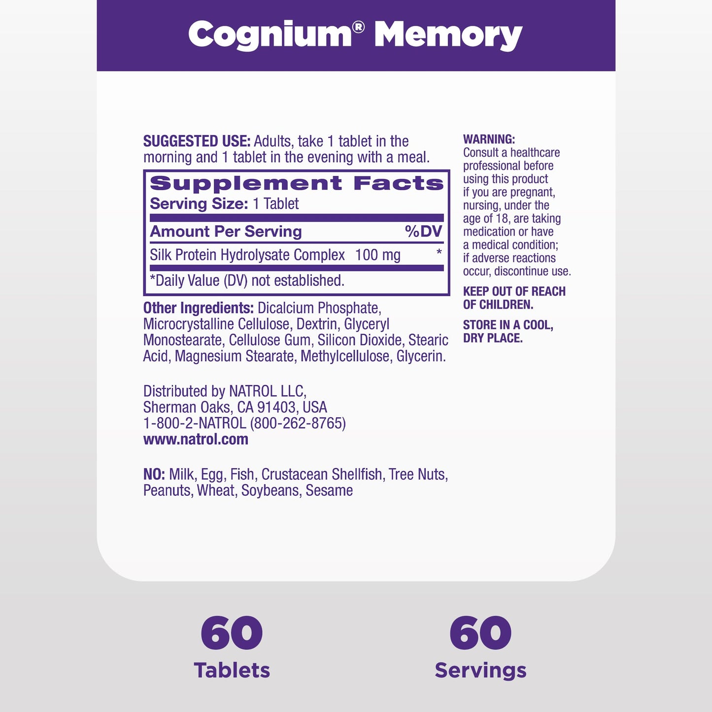 Natrol Cognium Memory, Brain Health Supplements for Adults, Dietary Supplement for Brain Health and Clinically Shown to Improve Memory and Recall in Healthy Adults, 60 Tablets, Up to a 30 Day Supply