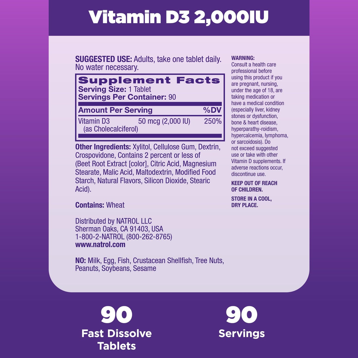 Natrol Fast Dissolve Vitamin D3 2,000 IU, Dietary Supplement for Bone and Joint Health, Bone Support Supplement, 90 Tablets, 90 Day Supply
