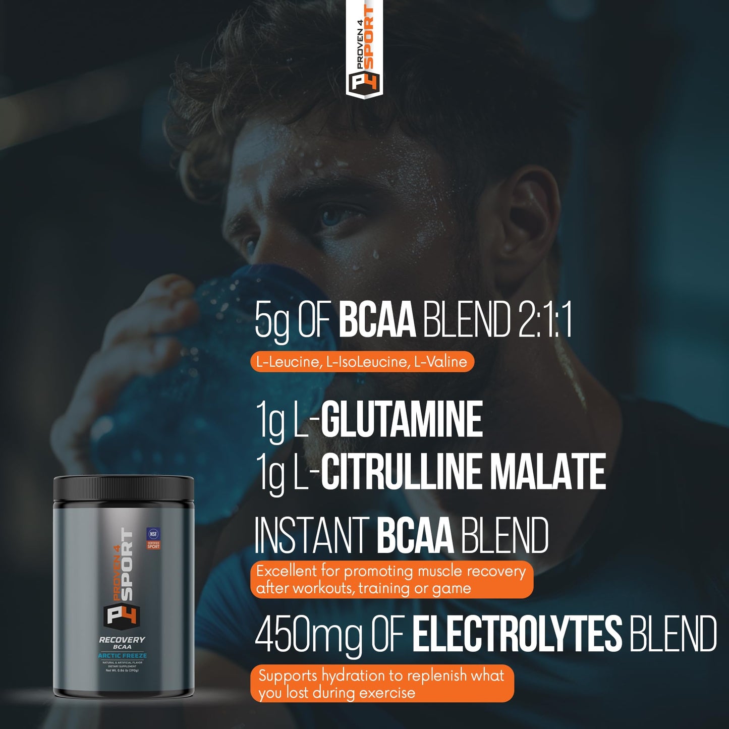 Proven4 Bcaa Post Workout Recovery Powder - NSF Certified for Sport Muscle Recovery Supplements with Electrolytes and Amino acids Powder Arctic Freeze Flavor 30 Servings