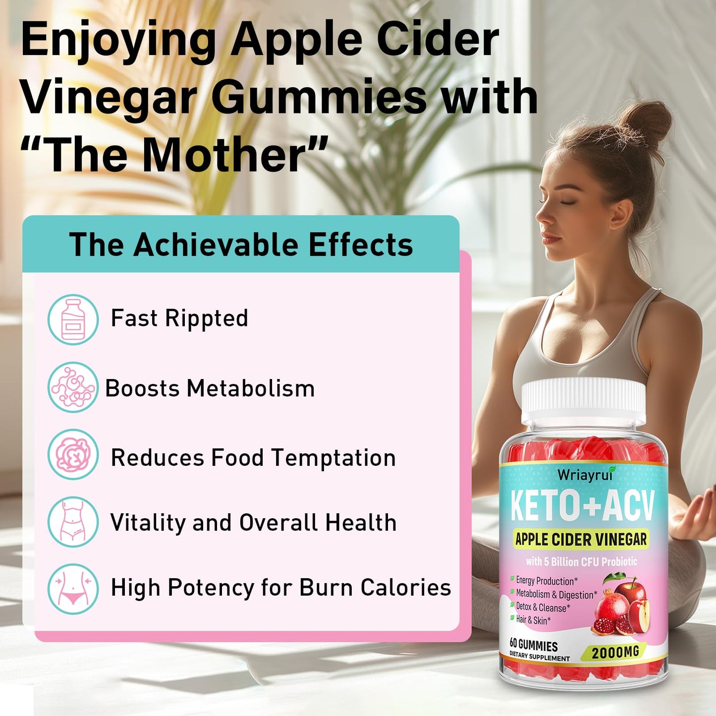 Wriayrui Keto ACV Gummies with Probiotics & Vitamin B12, 2000mg Apple Cider Vinegar Gummies with Mother, for Metabolism, Digestion, Detox & Cleanse, Sugar Free, Vegan-Friendly, 120 Gummies