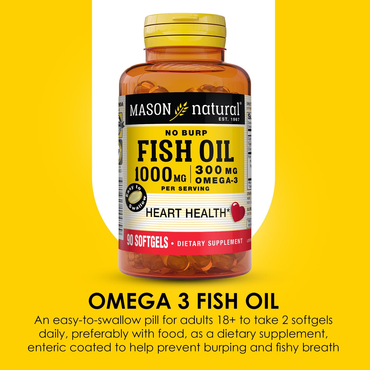 MASON NATURAL Omega-3 Fish Oil, 45-Day Supply, 1000mg with EPA and DHA for Joint Support, 90 Softgels (Pack of 1)