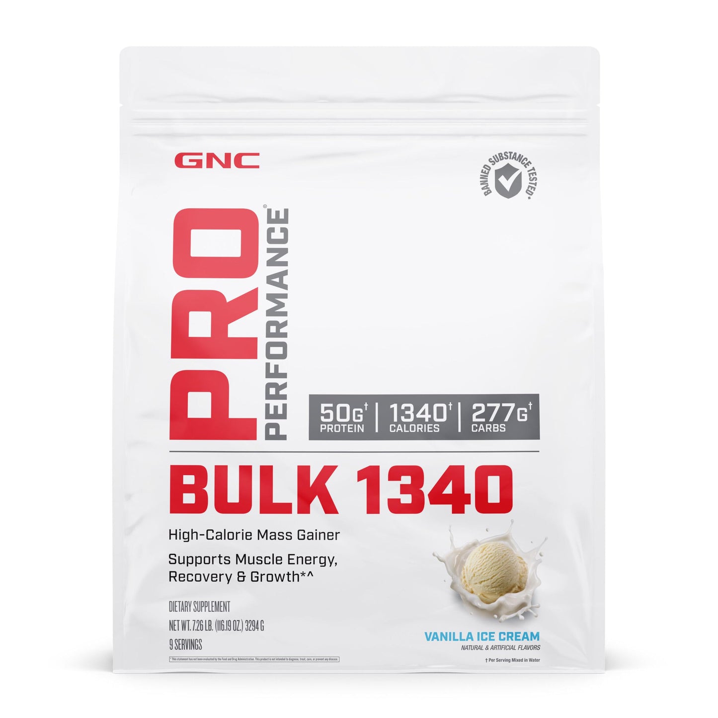 GNC Pro Performance Bulk 1340 Mass Gainer Protein Powder | Gluten Free | Banned Substance Tested | Packaging May Vary | Supports Muscle Energy, Recovery and Growth | Vanilla Ice Cream | 9 Servings