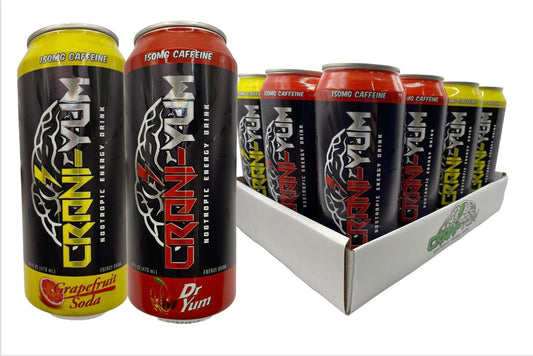 CraniYum Nootropic Energy Drink  12 Pack Variety Pack  Dr Yum  Grapefruit Soda 16oz  Energy  Focus Sugar Free No Artificial Colors Lions Mane Alpha GPC LTheanine Gingko Biloba Ginseng Inositol