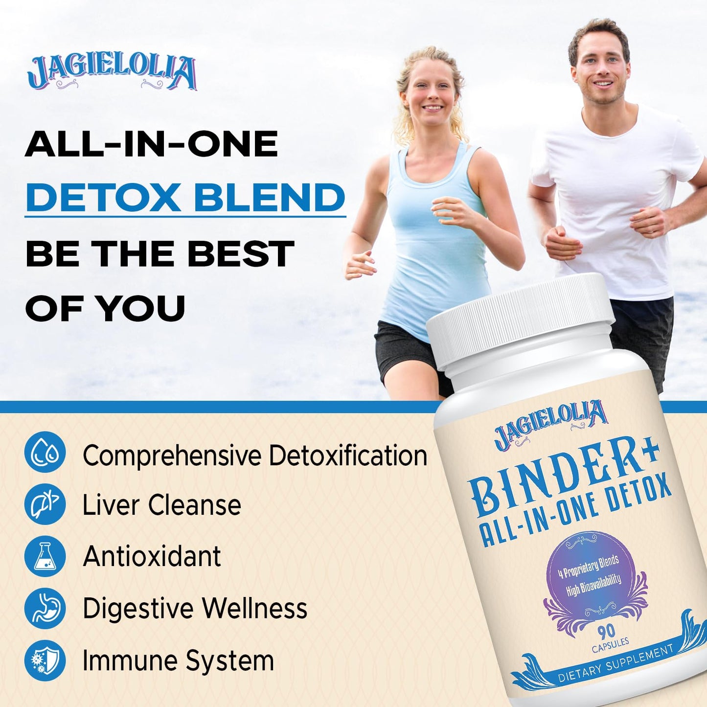 Jagielolia All-in-One Detox Binder Supplement 1500 MG - High Bioavailability, Liver Gut Detox Cleanse with Activated Charcoal, Zeolite & Bentonite Clay for Toxins, Liver, Digestive, 90 Vegan Capsules