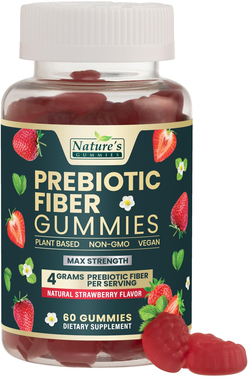 Fiber Supplement Gummies for Digestive Health & Regularity Support, Fiber 4g Gummy for Adults, Daily Prebiotic Supplements, Natural Prebiotic Fiber Gummy, Plant Based, Strawberry Flavored - 60 Gummies
