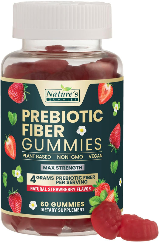 Fiber Supplement Gummies for Digestive Health & Regularity Support, Fiber 4g Gummy for Adults, Daily Prebiotic Supplements, Natural Prebiotic Fiber Gummy, Plant Based, Strawberry Flavored - 60 Gummies