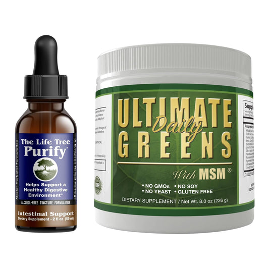 Daily Health - Purify Intestinal Cleanse and Microbial Support Tincture Formulation (2 fl oz) & Ultimate Greens MSM Powder - Vegan Friendly Energy Immune Support Superfood Drink Mix - Non-GMO (8 oz)