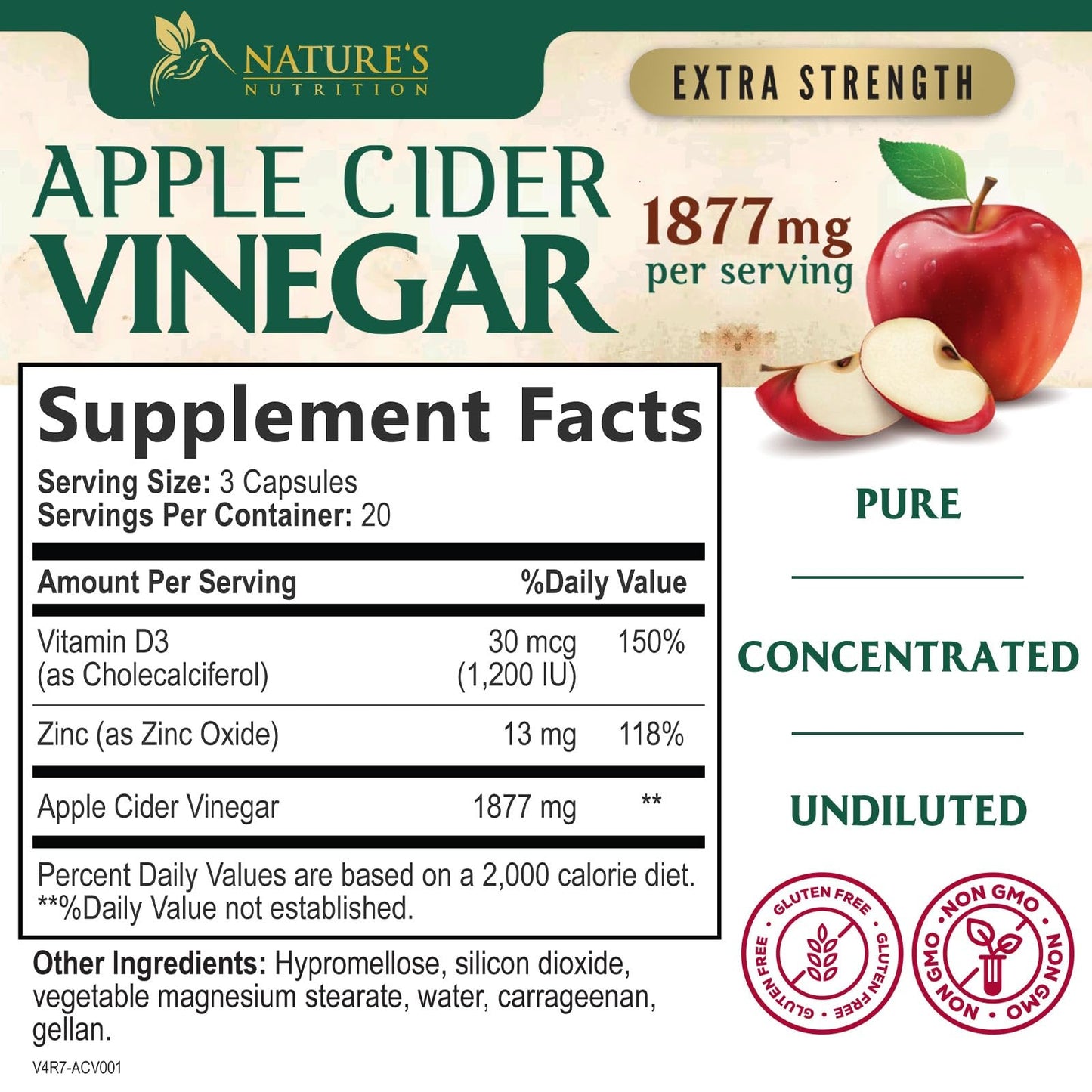Apple Cider Vinegar Capsules for Detox & Cleanse with Vitamin D & Zinc - 1877mg per Serving - Premium ACV Pills with Joint Natural Digestion & Immune Support - Non-GMO Supplement - 60 Capsules
