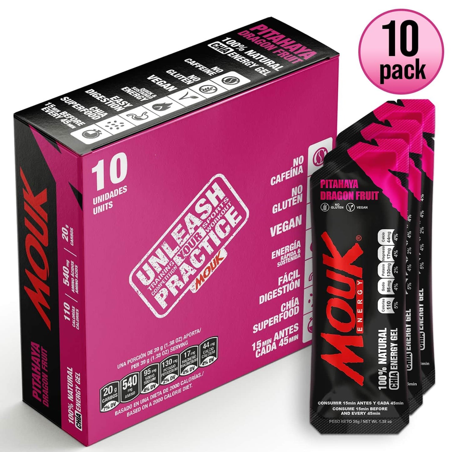 MOUK Energy Workout & Sports Nutrition Energy Gel - Dragon Fruit Flavor All Natural with Whole Chia Seeds | Easy Digestion, Vegan, Gluten Free, Essential Electrolyte | 1.38 Ounce (Pack of 10)