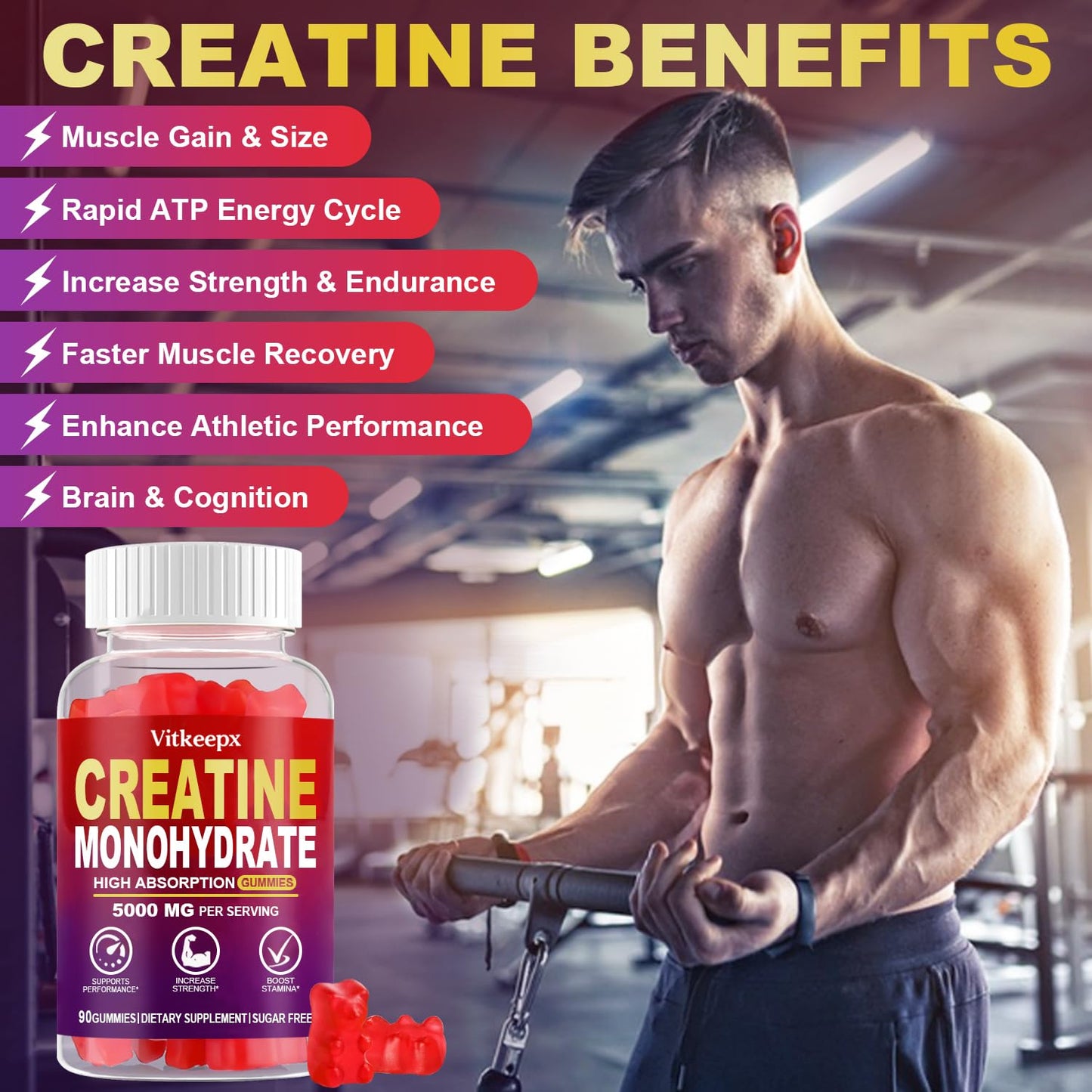 Creatine Monohydrate Gummies Infused with 5g Creatine for Men and Women, Chewables Creatine Monohydrate for Muscle Strength, Muscle Builder, Energy Boost, Pre-Workout Supplement(90 Count)-Raspberry