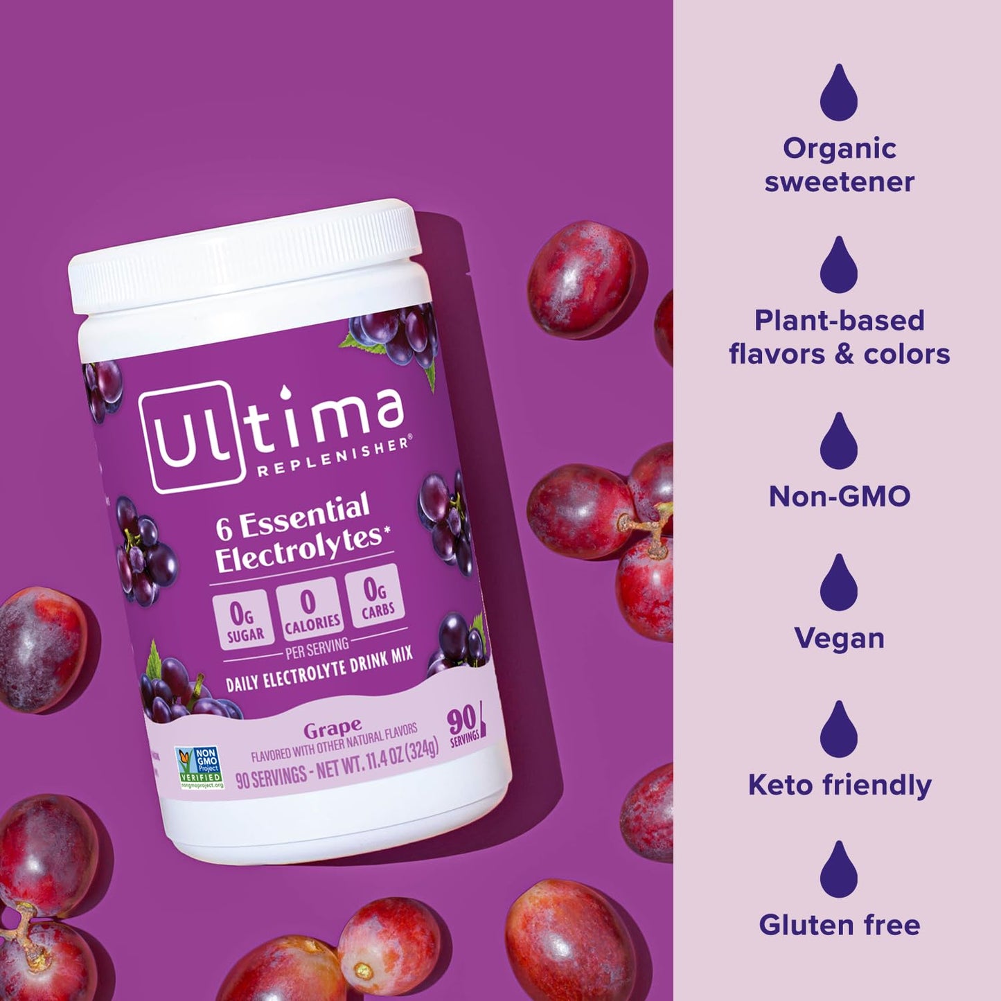Ultima Replenisher Daily Electrolyte Powder Drink Mix - Grape, 90 Servings - Hydration Powder with 6 Key Electrolytes and Trace Minerals - Keto Friendly, Vegan, Non-GMO and Sugar-Free