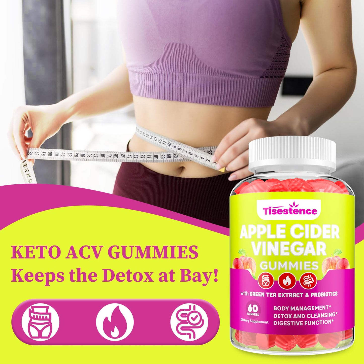 Apple Cider Vinegar Gummies, Keto ACV Gummies for Women and Men, Apple Cider Vinegar Supplement with Green Tea, B12, Probiotic for Detox Cleanse, Metabolism & Digestive Health, Vegan - 2 Months Supply