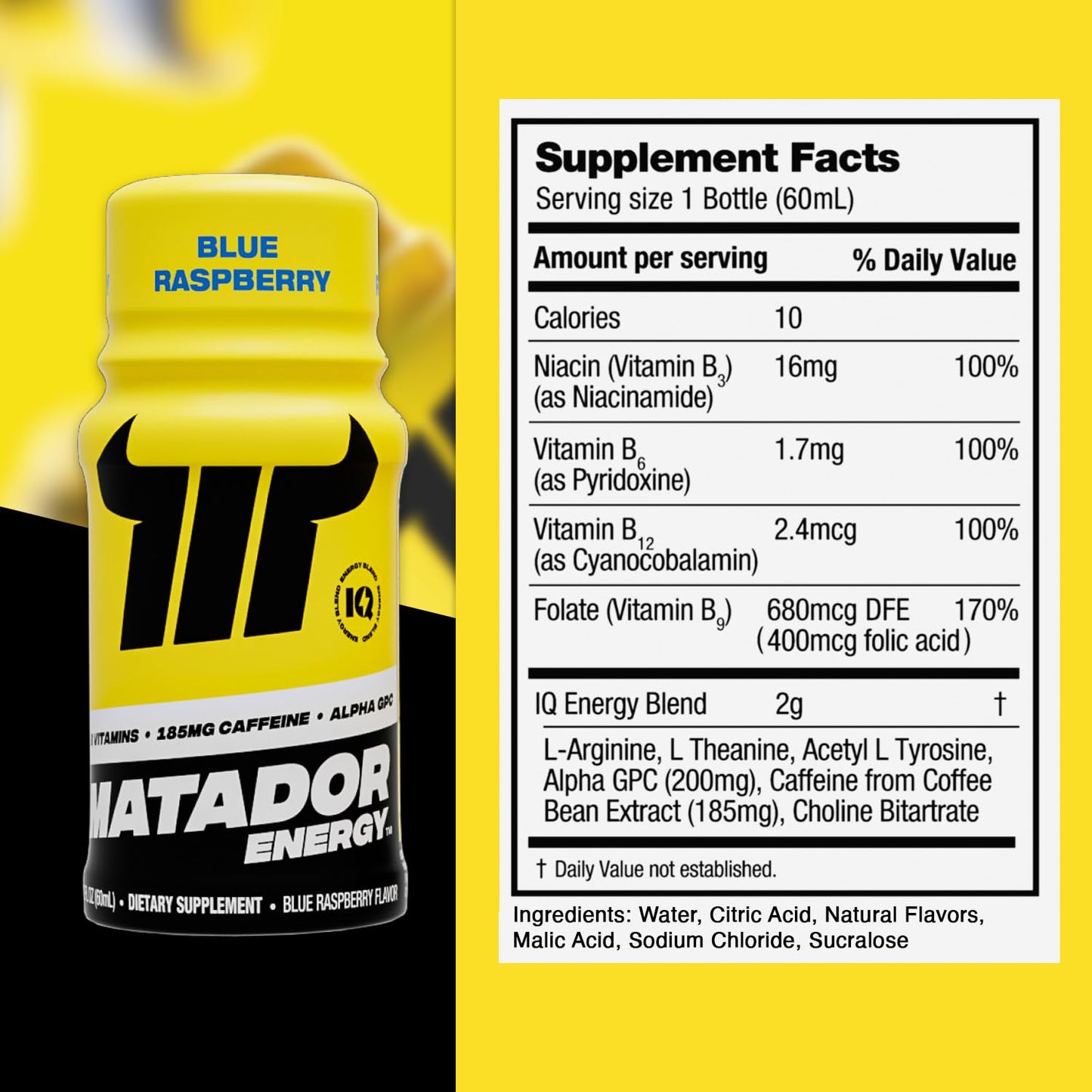 MATADOR Energy Shots Extra Strength Mini Energy Drinks w/B Complex Vitamins (Vitamin B12-B9-B6-B3), Alpha GPC Nootropic Focus, Coffee Bean Extract Caffeine Shots, 24 Shot Count Blue Raspberry