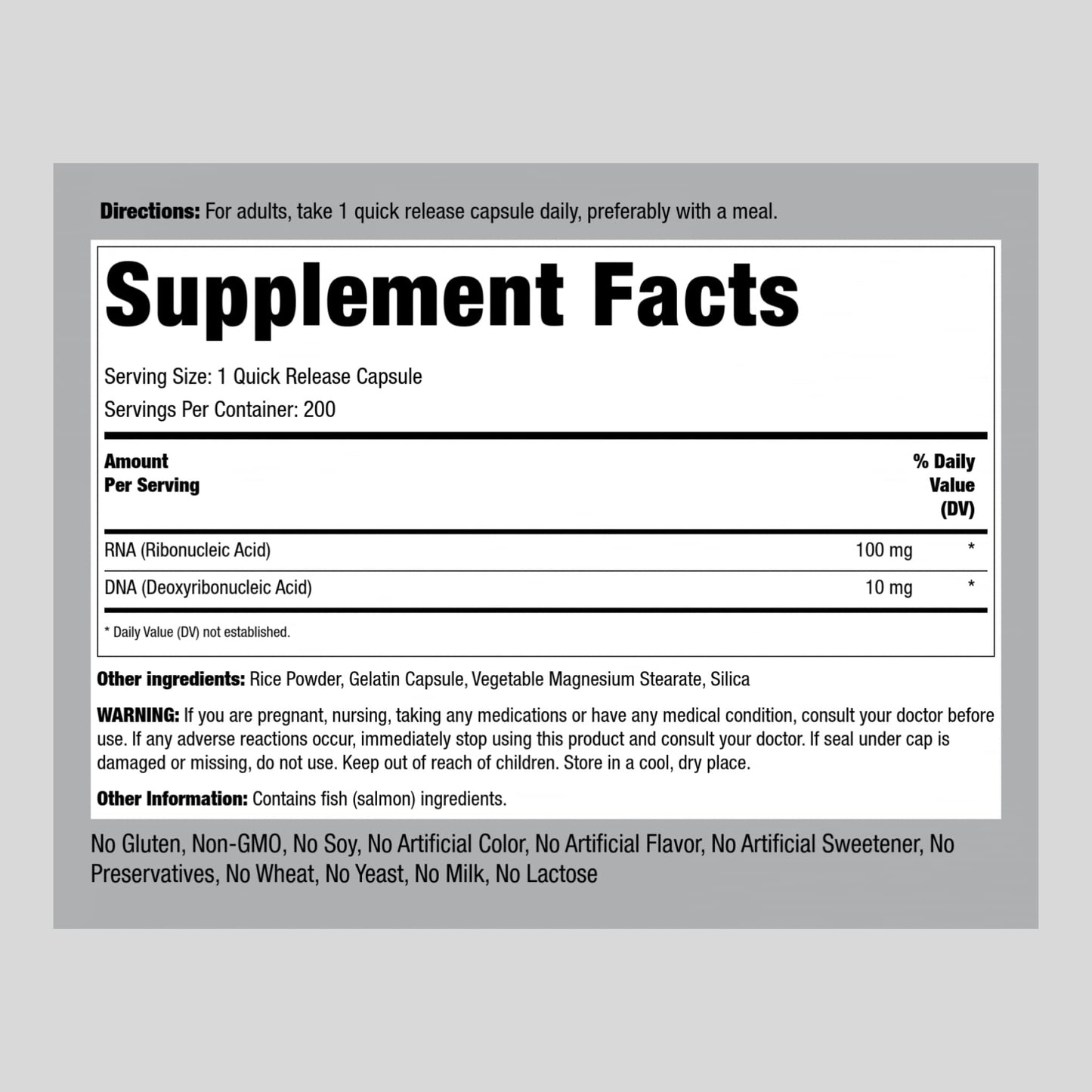 Piping Rock RNA DNA Supplement | 200 Capsules | Ribonucleic Acid & Deoxyribonucleic Acid Complex | Non-GMO, Gluten Free