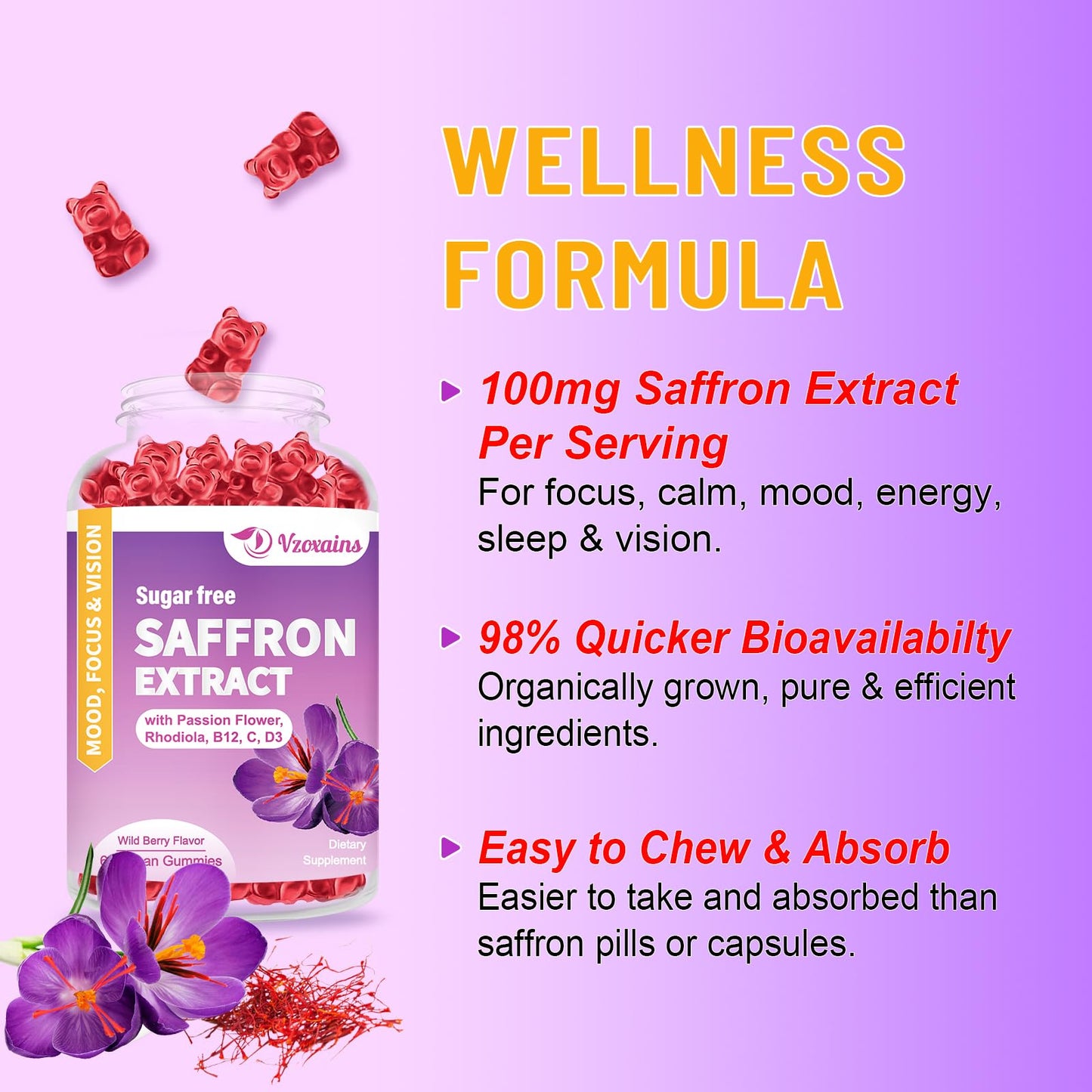 VZOXAINS 2 Pack Saffron Gummies - Sugar Free with Passion Flower, Rhodiola, Vitamin B12 and D3, Support Eye Vision, Focus, Mood and Metabolism, Wild Berry Flavor 120 Cts