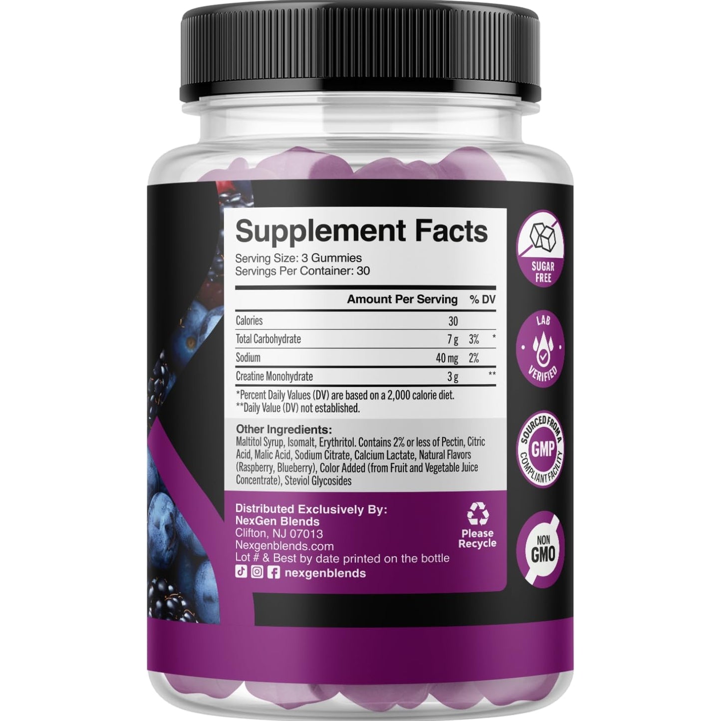 Sugar Free Creatine Monohydrate Gummies - Vegan Creatine Gummies for Women & Men with 3000mg per 3 Creatine Chews Supports Energy & Recovery - Gluten Free & Non-GMO - Wild Berry Flavor (30 Servings)