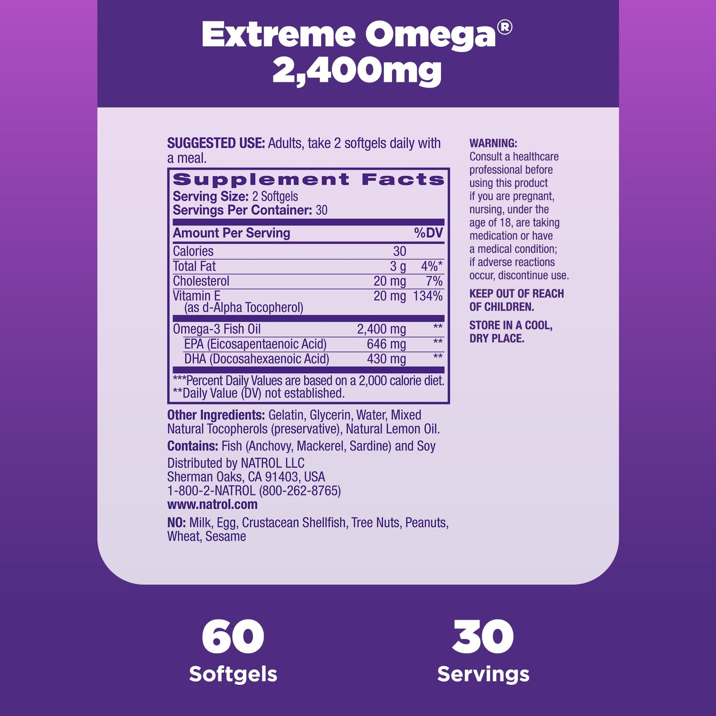 Natrol, Omega-3 Extreme Softgels, Heart Health Dietary Supplement, 60 Count