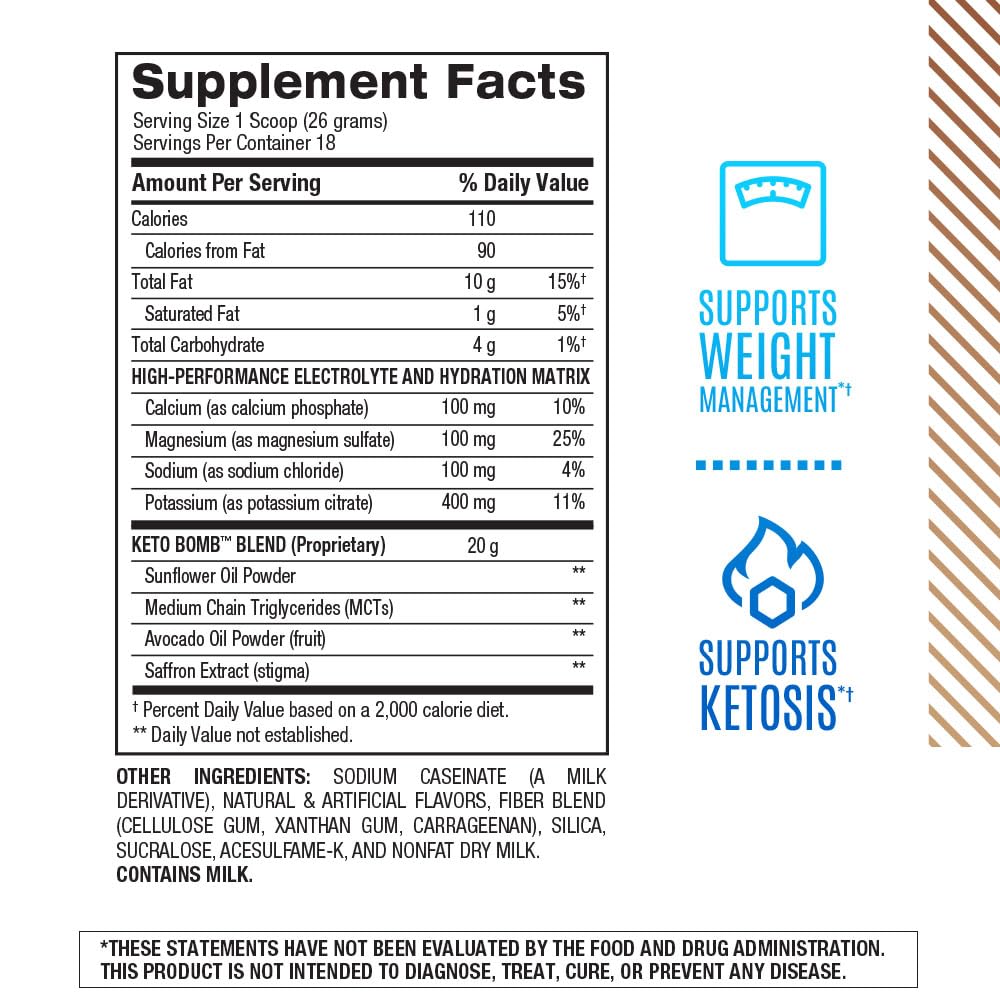 BPI Sports Keto Bomb - Promotes Energy, Hydration and Fat Loss - MCT and Electrolytes - Sugar-Free with Calcium - French Vanilla Latte, 18 Servings