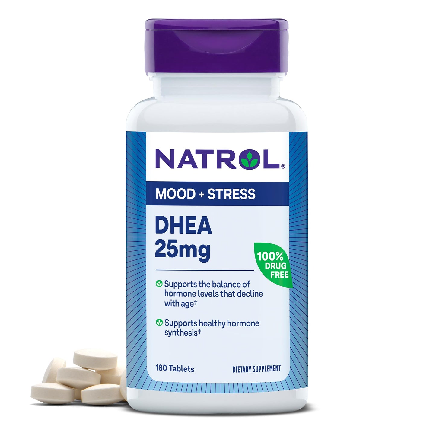 Natrol Mood & Stress DHEA 25mg With Calcium, Dietary Supplement for Balance of Certain Hormone Level and Mood Support, 180 Tablets, 180 Day Supply