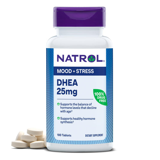 Natrol Mood & Stress DHEA 25mg With Calcium, Dietary Supplement for Balance of Certain Hormone Level and Mood Support, 180 Tablets, 180 Day Supply