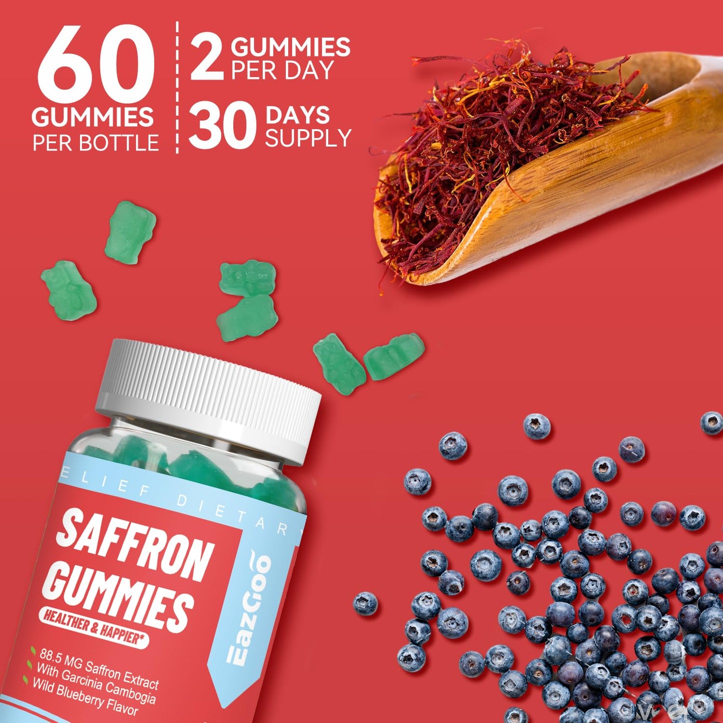 EAZGOO Saffron Supplements Gummies, Saffron Extract for Positive Mood & Calm Nerve, Boost Energy, with Garcinia Cambogia, Vitamin A, B12, Rhodiola Rosea - 120 Gummies