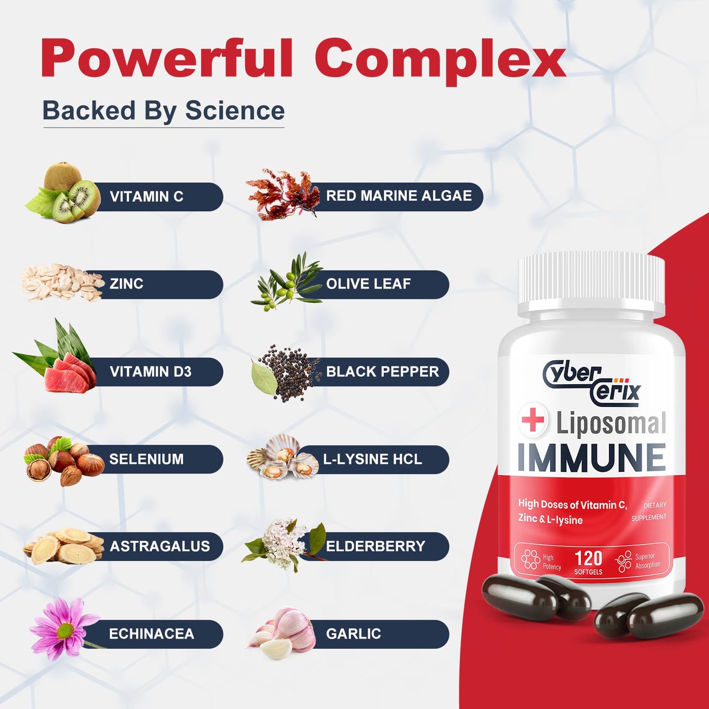 CyberCerix Advanced Liposomal Immune Supplement, Complex with L-Lysine 1,500mg, Vitamins, Minerals & Herbal Extracts, Comprehensive Daily Wellness Blend for Men & Women - 120 Capsules