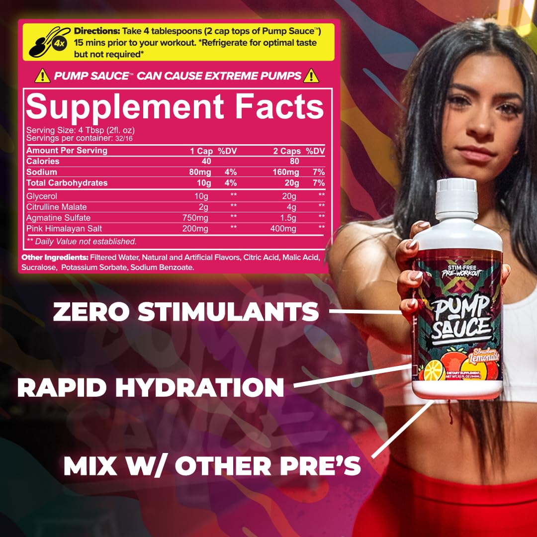 Pump Sauce Pre-Workout - 32 oz, Strawberry Lemonade, No Caffeine, Full Spectrum Liquid, Gluten Free, Vegan, Zero Sugar