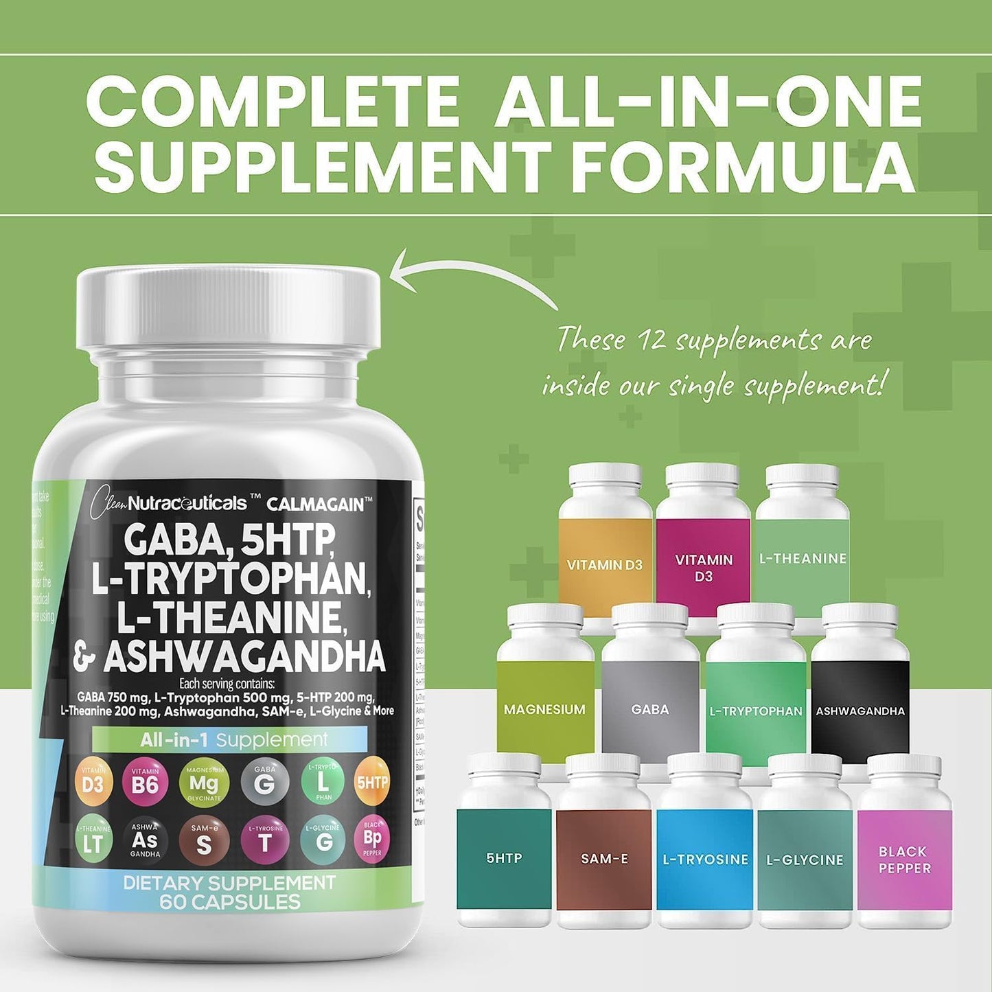 Clean Nutraceuticals GABA 750mg 5 HTP 200mg L Tryptophan 500mg L Theanine 200mg Ashwagandha SAM-e L-Glycine - Mood Support Vitamins for Women and Men with L-Tyrosine (90 Count (Pack of 5))