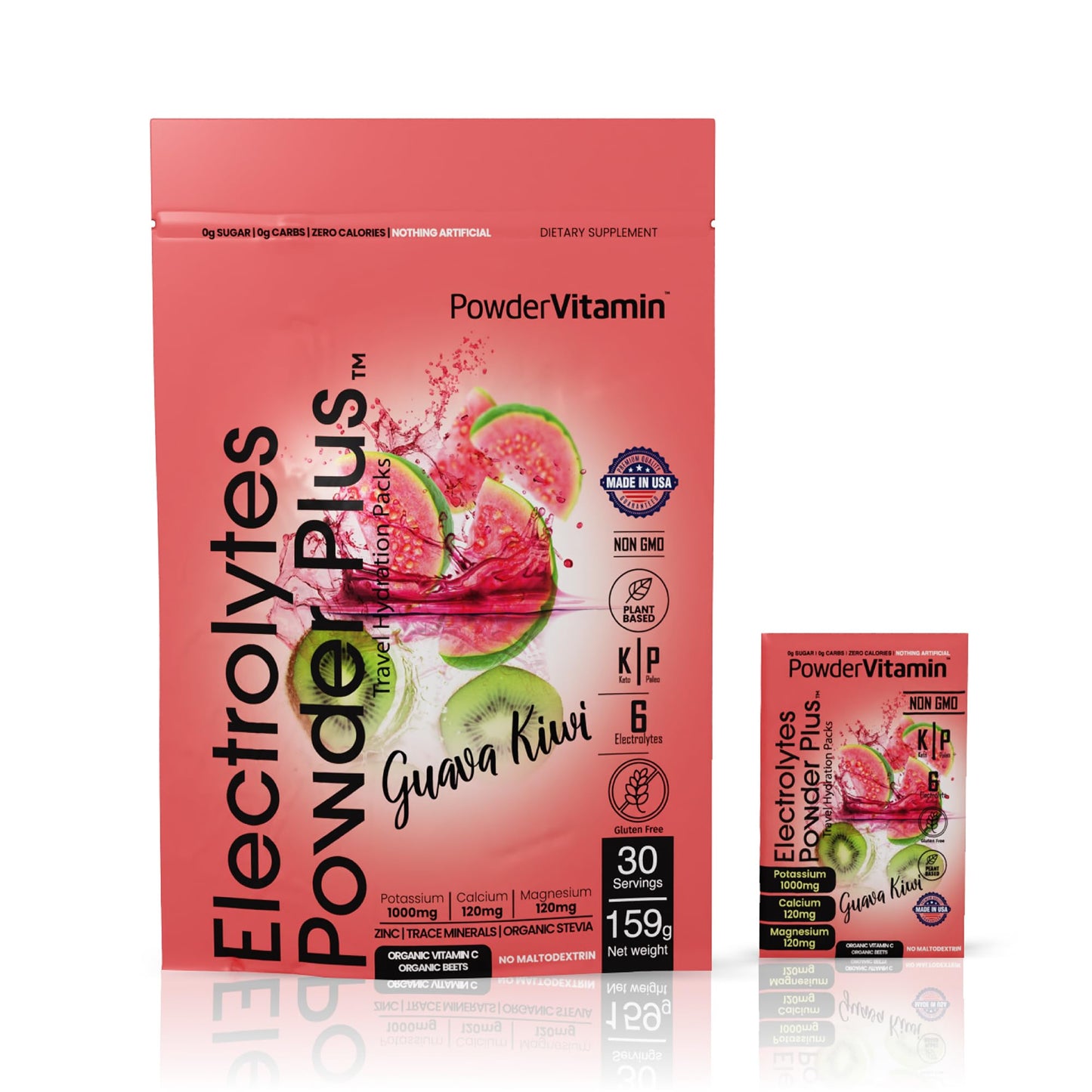 PowderVitamin Electrolytes Powder Plus, Keto, Guava Kiwi, Zero Sugar, 1000mg Potassium, 120mg Calcium, 120mg Magnesium, Non-GMO, Zero Calories, 30 Hydration Packets