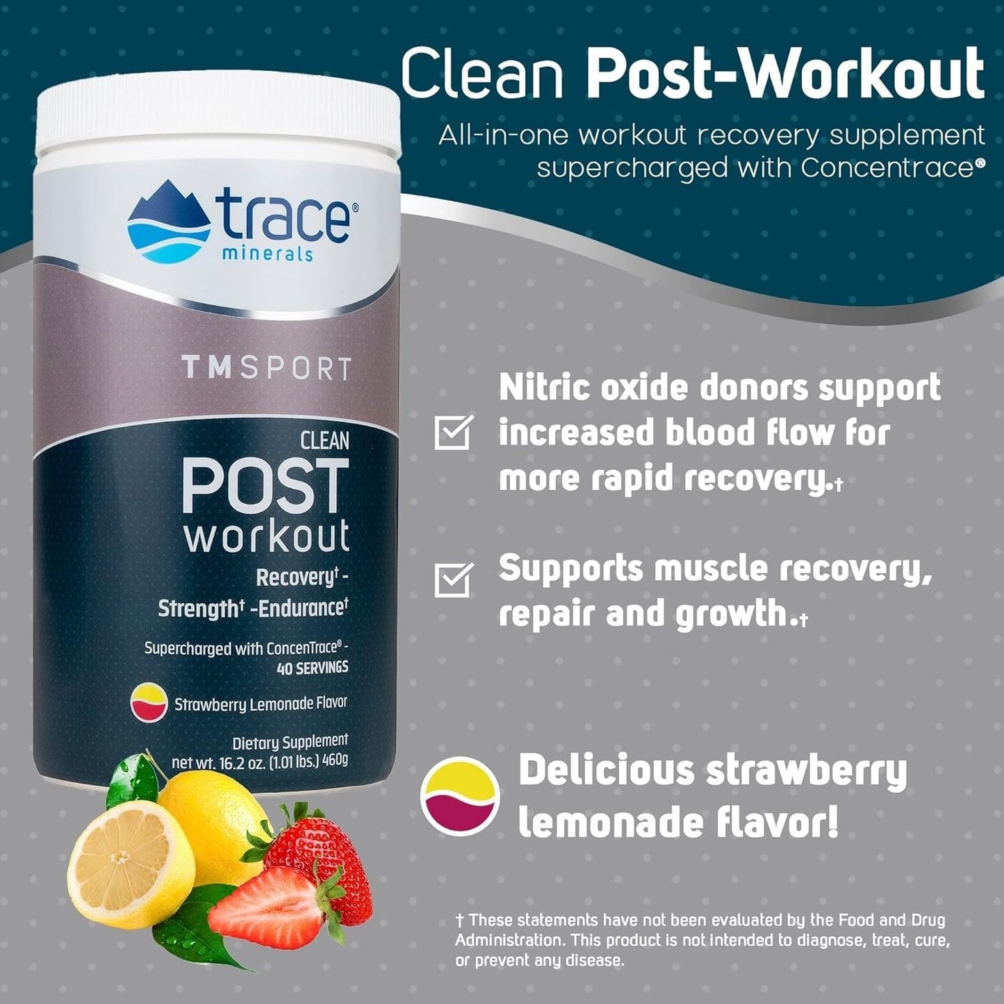 Trace Minerals | TMRFIT Series Clean Post Workout Canister Supplement | Supports Muscle Recovery and Strength | Gluten Free, Certified Vegan, Non-GMO | Strawberry Lemonade | 16.2 Oz