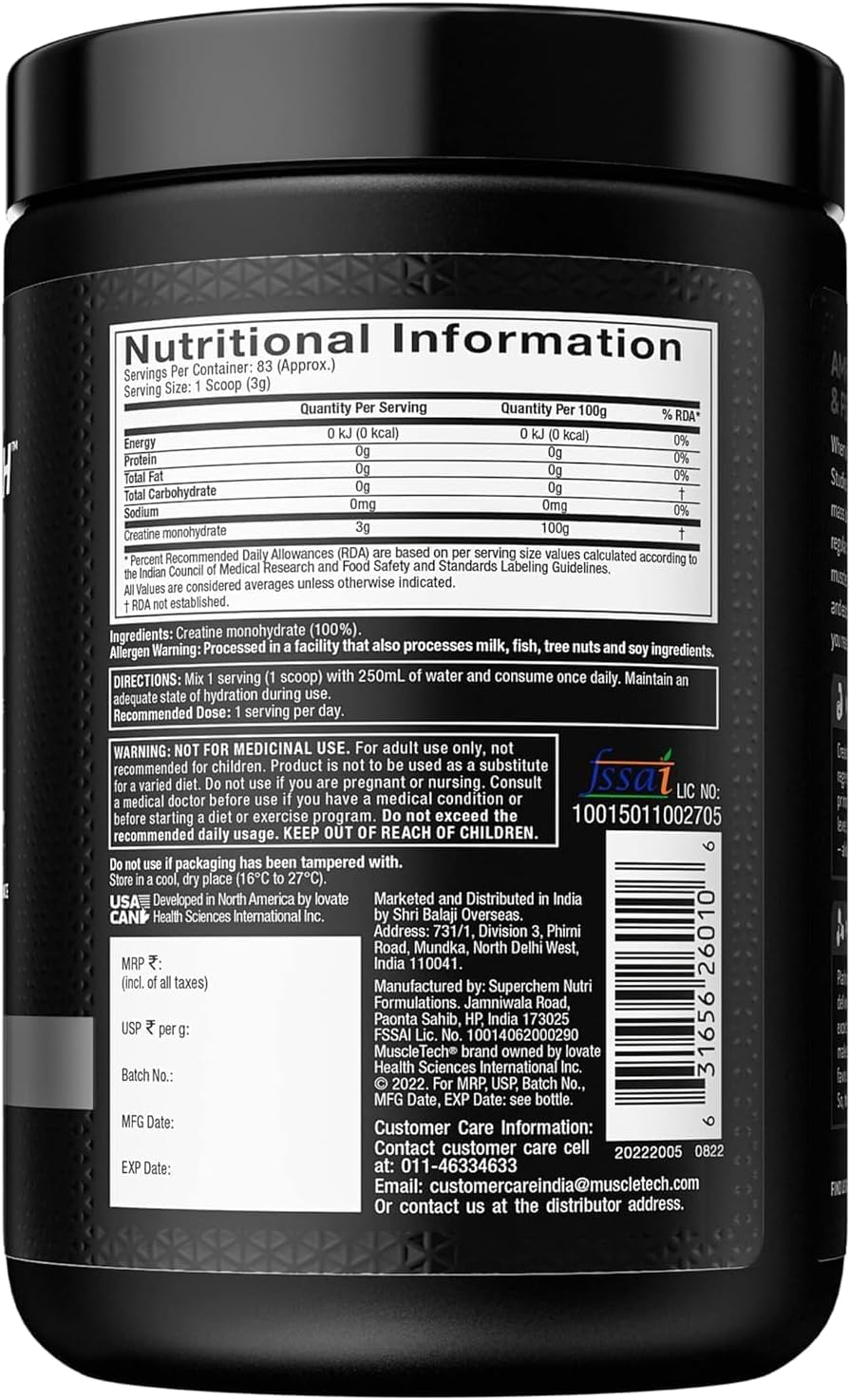Generic Creatine Powder (Unflavoured - 250 Gram, 83 Serves), Scientifically Researched to Build Muscle - Increase Muscle Power, Boost Strength & Enhance Performance