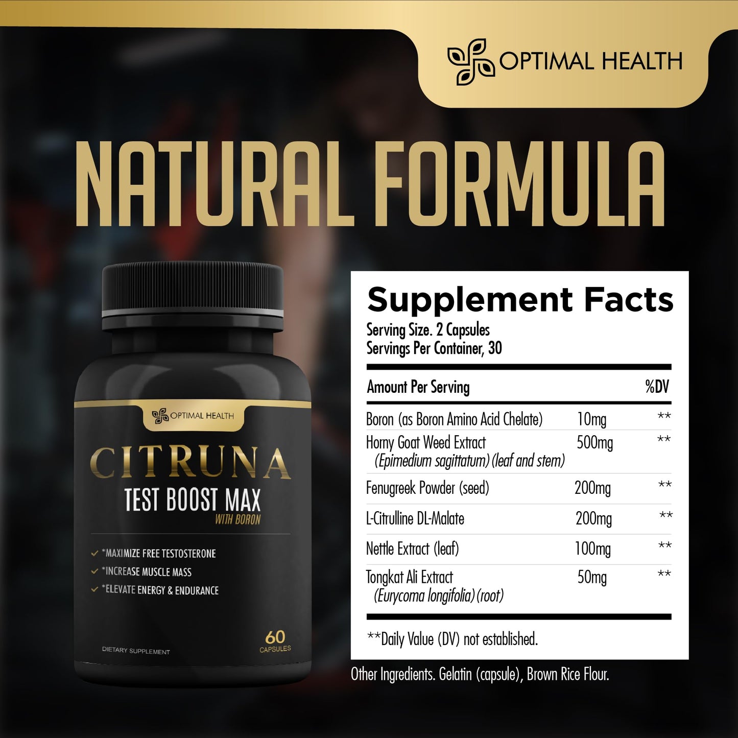 Citruna Test Boost Max with Boron by Optimal Health - Natural Testosterone Supplement - Boost Stamina, Endurance, Strength & Vitality - 60 Capsules