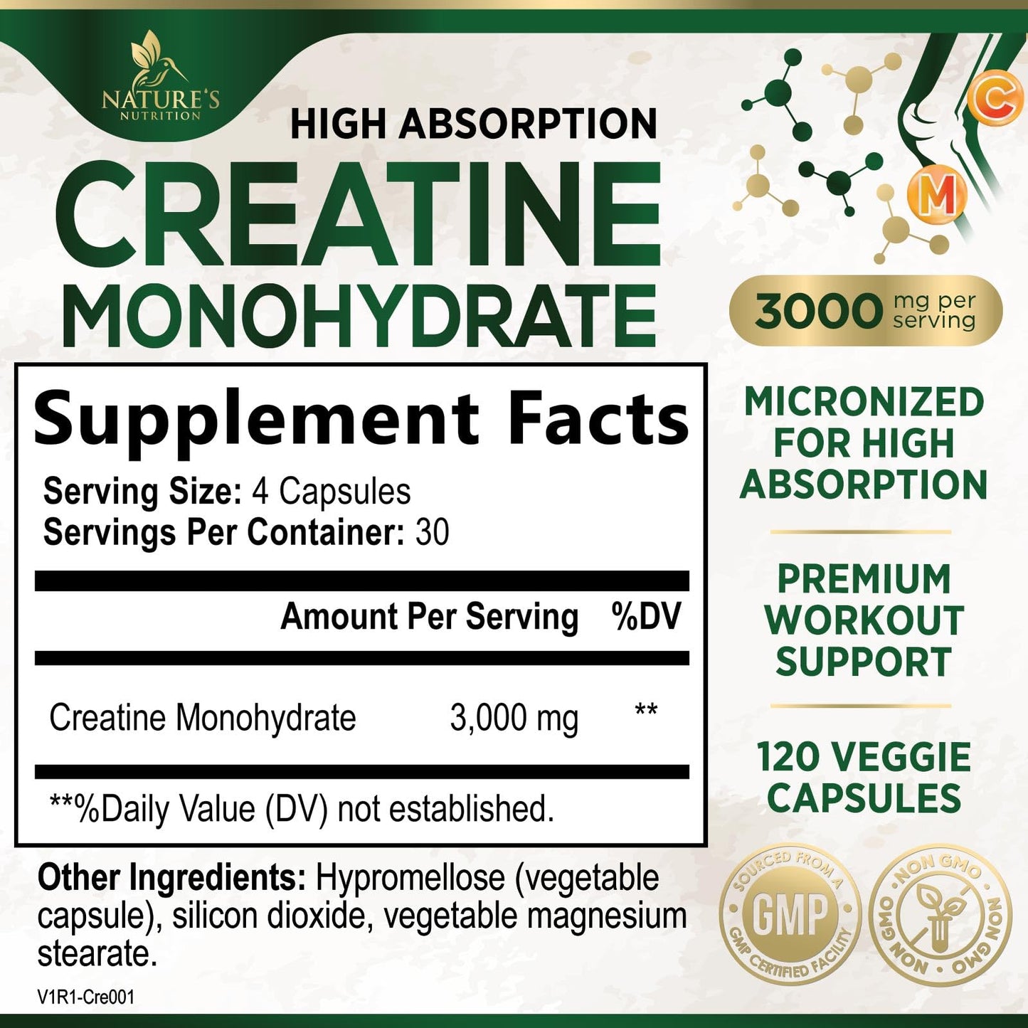 Creatine Monohydrate Capsules 3,000mg Micronized Creatine Supplement Support for Lean Muscle Strength & Endurance, Creatine Pills for Women & Men, Unflavored Tablets Non-GMO Gluten Free - 120 Capsules