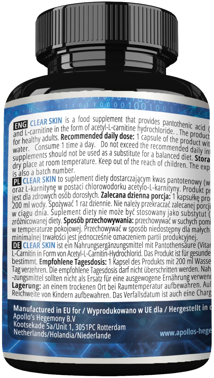 APOLLO'S HEGEMONY Clear Skin - Vitamin B5 200mg (Pantothenic Acid) and Acetyl-L-Carnitine 70mg, 180 Vegan Capsules, 6 Months Supply, Anti-Acne, Enhanced Skin Health, Diet Supplement