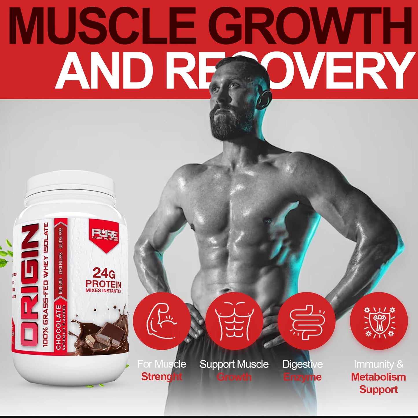 Pure Label Nutrition 100% Grass-Fed, Chocolate Whey Isolate Protein Powder (24g) with Essential Amino Acids, for Pre and Post Workout Recovery & Muscle Building, Low Fat & Low Carbs - 2lbs