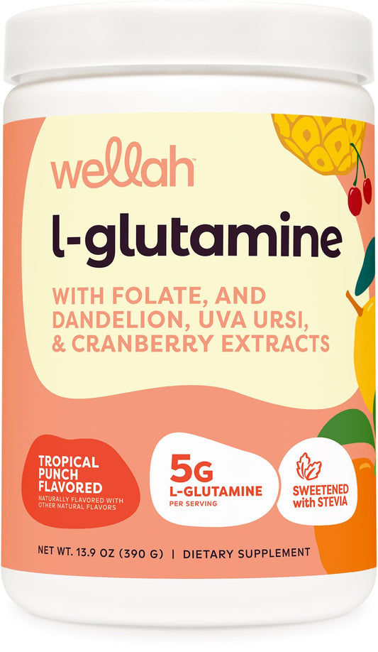 Wellah L-Glutamine Powder Tropical Punch (50 Servings) - 5g L-Glutamine Per Serving, Sweetened with Stevia