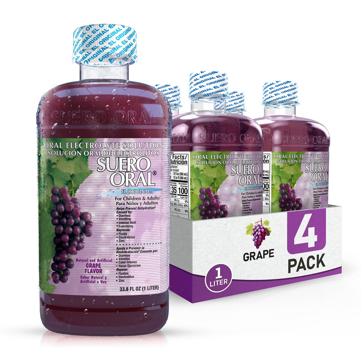 Suero Oral Electrolyte Solution - Electrolytes Drink, Hydration Booster & Rehydration Drink for Kids & Adults, Hydrates, Replenishes, Energizes, Grape Flavor, 1 Liter (4 Pack)