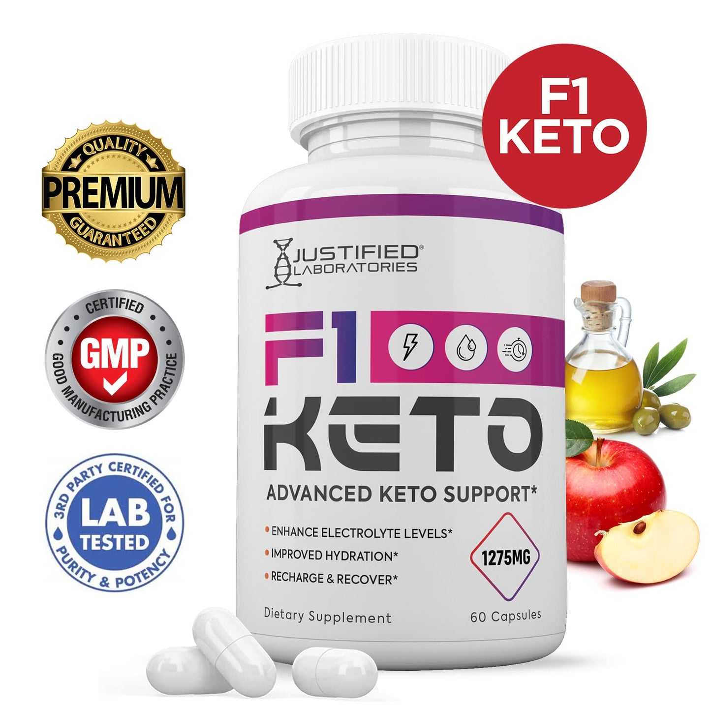 F1 Keto Pills 1275MG New & Improved Formula Contains Apple Cider Vinegar Extra Virgin Olive Oil Powder Green Tea Leaf 60 Capsules