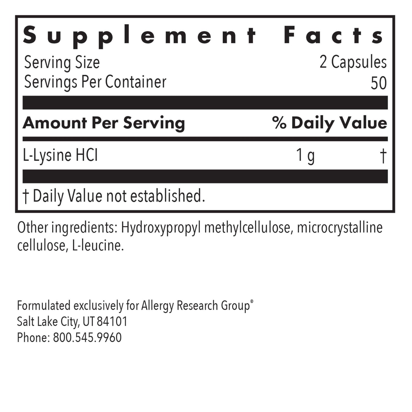 Allergy Research Group L-Lysine - Immune Support, L-Lysine HCI, Free Form Amino Acid, 500mg Supplement, Pure, Organic, Vegetarian Capsules - 100 Count