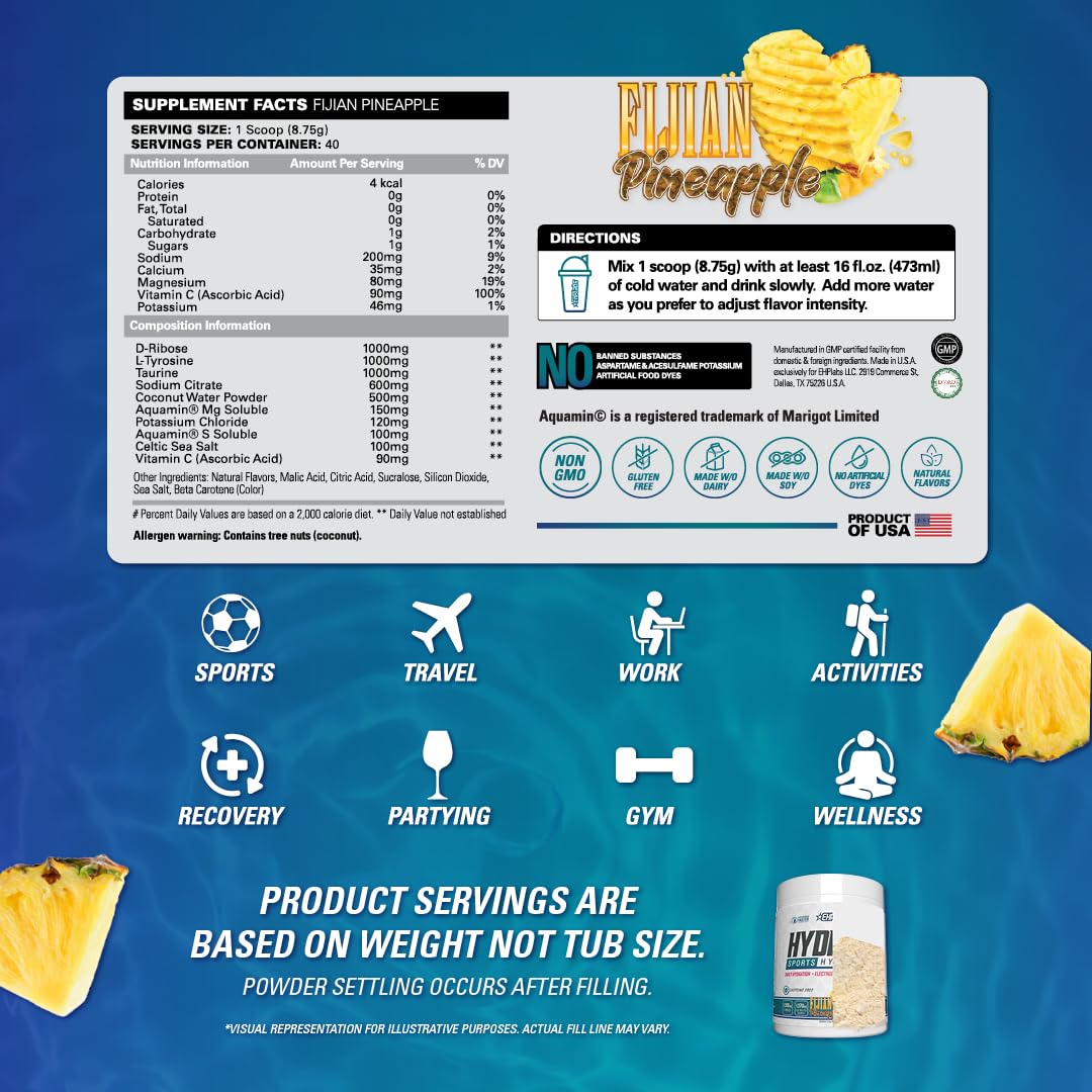 EHP Labs Hydreau Electrolytes Powder No Sugar - Hydration Powder for Endurance & Energy - Electrolyte Powder for Men & Women - Sugar Free Electrolytes - Fijian Pineapple (40 Serves)