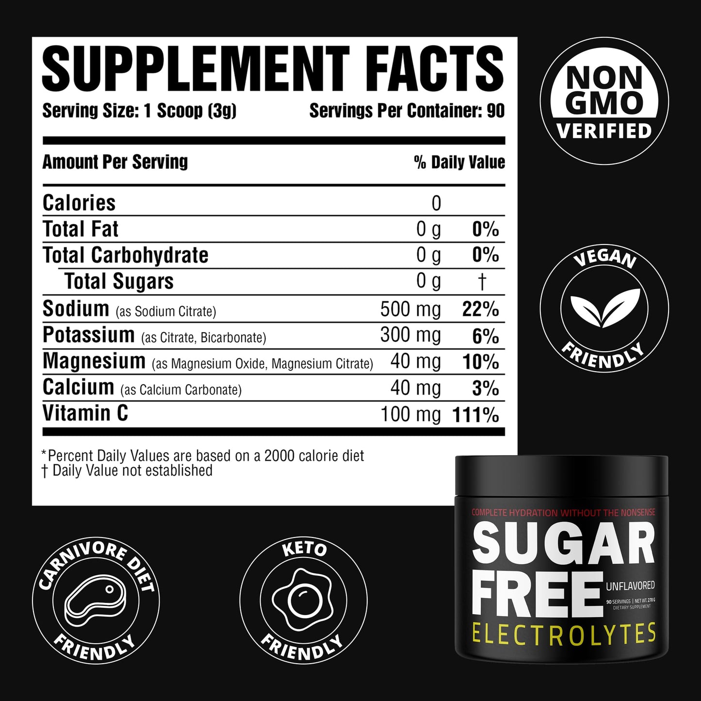 Sugar Free Electrolytes - Rapid Hydration Powder, Zero Calorie, Essential Raw Electrolytes Blend, Keto Friendly with No Sugar, Raw Electrolyte Powder (Unflavored)