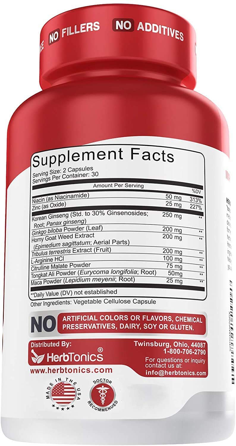 Herbtonics Testosterone Booster for Men Male Enhancing Pills - Enlargement Supplement Increase Size, Energy Strength & Stamina Enhancement Ginseng Pill & Tribulus Terrestris 60 Vegan Capsules