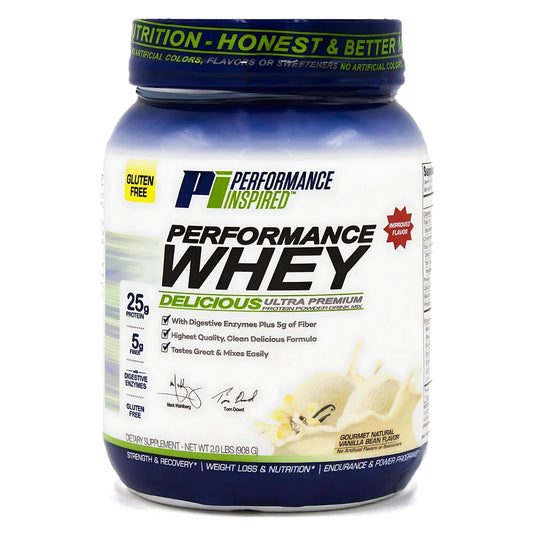 PERFORMANCE INSPIRED Nutrition WHEY Protein Powder - All Natural - 25G Protein - BCAAs - Digestive Enzymes - Fiber Packed - Natural Vanilla - 2lb
