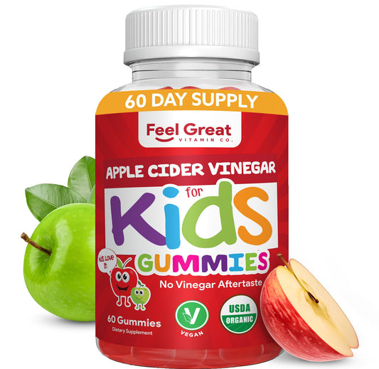 Organic Kids Apple Cider Vinegar Gummies by Feel Great Vitamins | Rich in Digestive Enzymes & Natural Antioxidants for Gut Health | Kids Gummy Supports Healthy Nutrient Absorption | 60 Day Supply