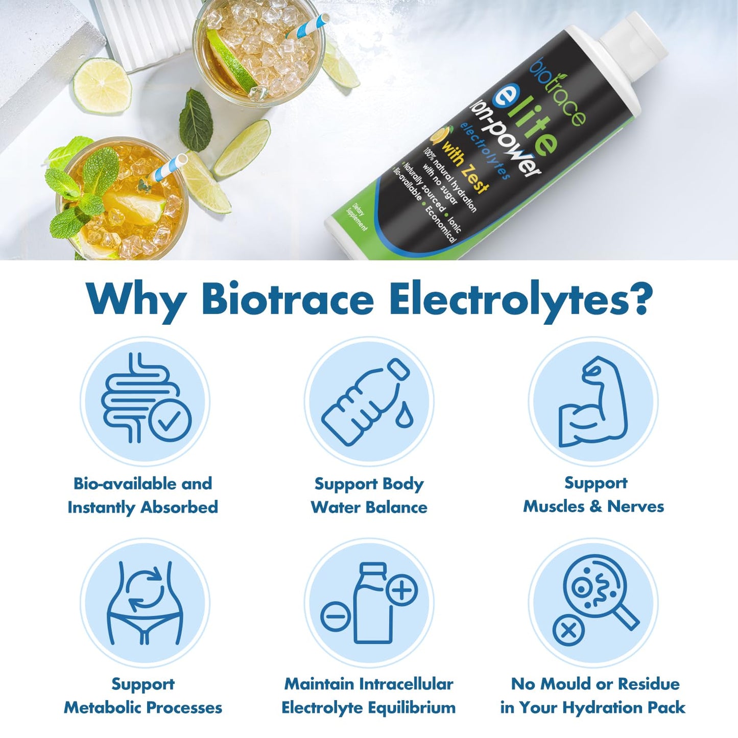 biotrace Elite Electrolytes Supplement Drops | Zest Tast | 0 Calories Sugar for Immune Support, Rapid Hydration, Workout, Muscle Recovery | 30%+ More Potassium, Magnesium Electrolyte Drop | 8.1 fl oz