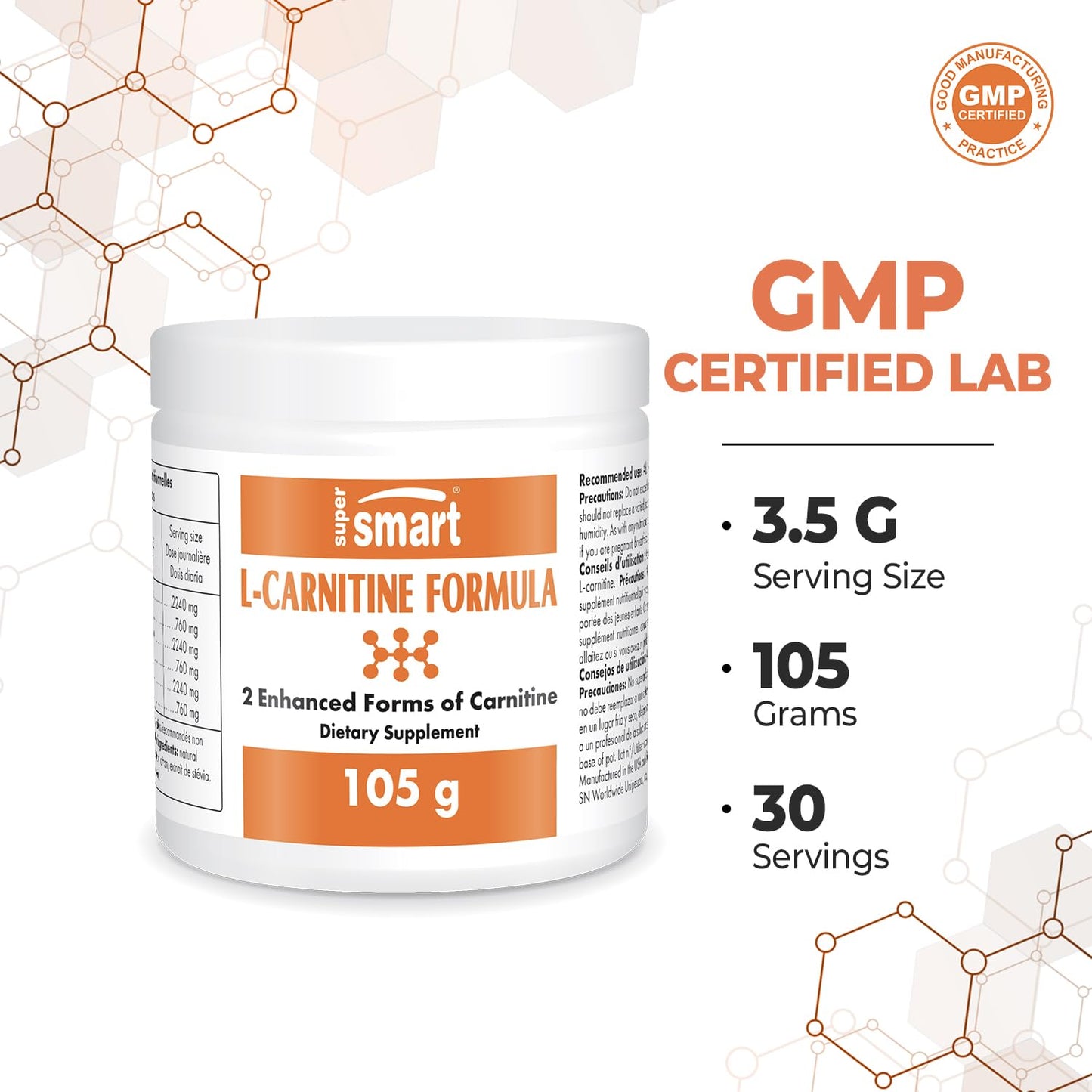 Supersmart - L-Carnitine Formula - with Acetyl & Tartrate - Amino Acids - Muscle Recovery & Sport Performance Supplement | Non-GMO & Gluten Free - 105 g