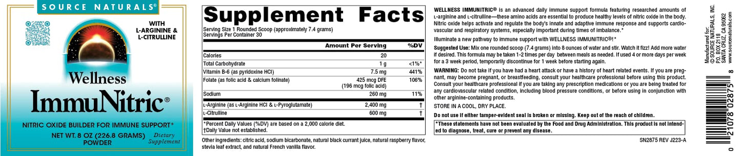 Source Naturals Immunitric, Nitric Oxide Builder for Immune System Support* - 8 oz Powder