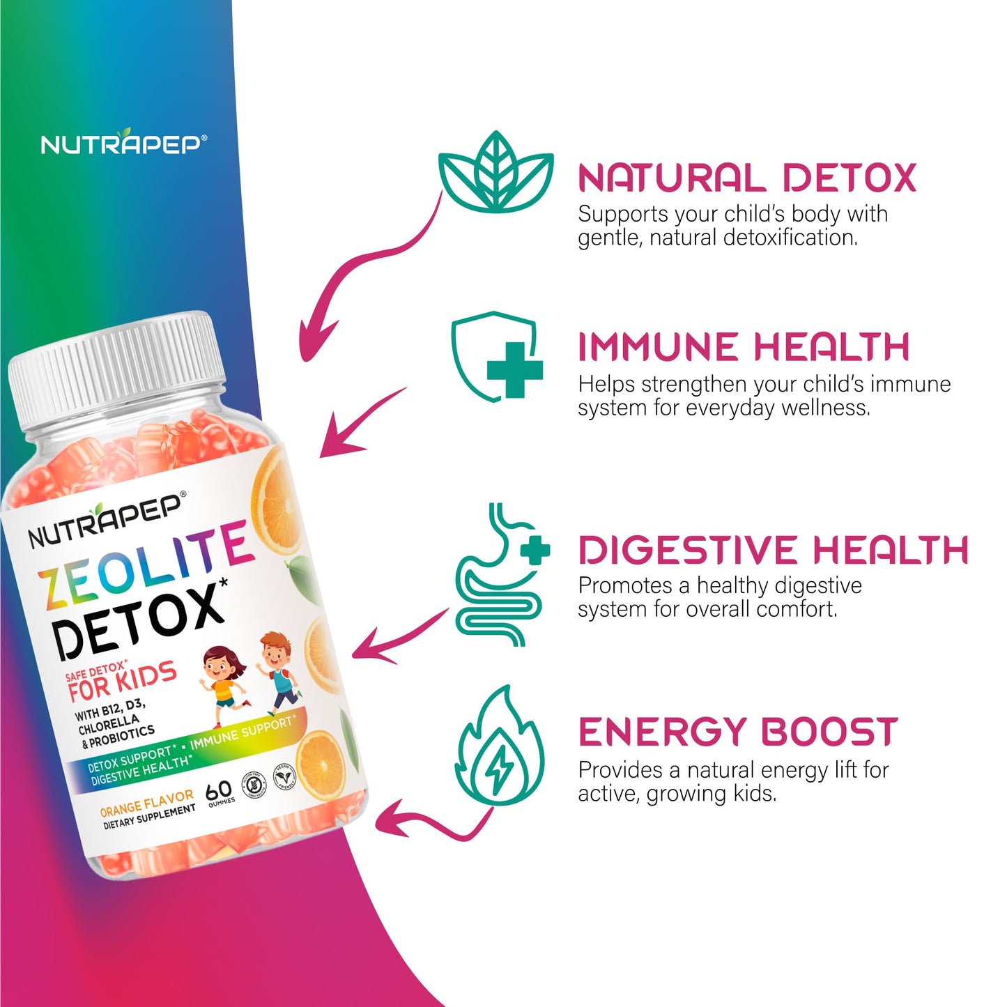 NutraPep Zeolite Detox Gummies for Kids - Total Body Cleanse Micronized Chewables Supplement with Chlorella - Cleanse Out Toxins - Orange Flavor Vegan Non-GMO Gluten-Free